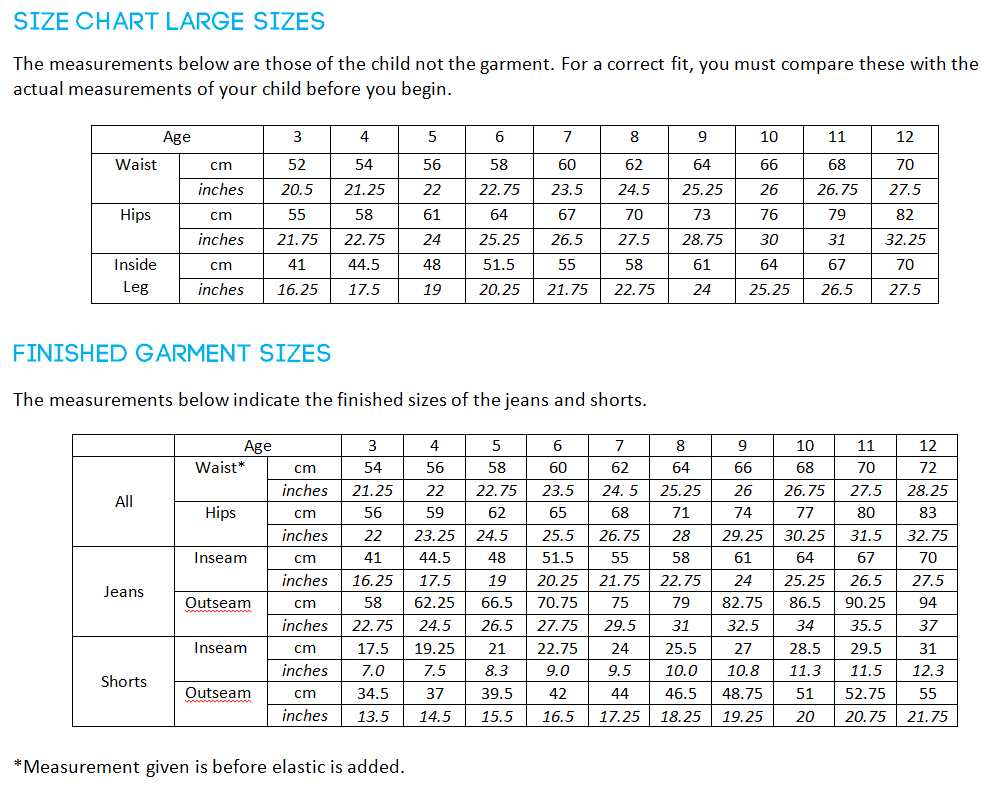 Grace Elements Size Chart