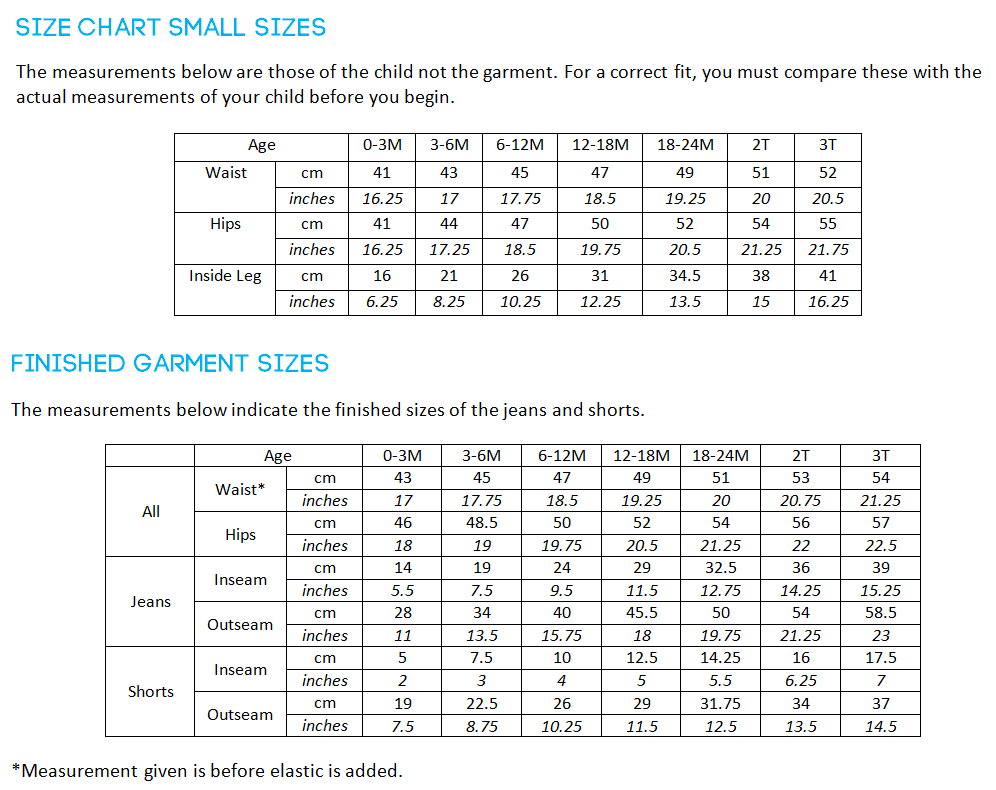 Kids Small Size Chart
